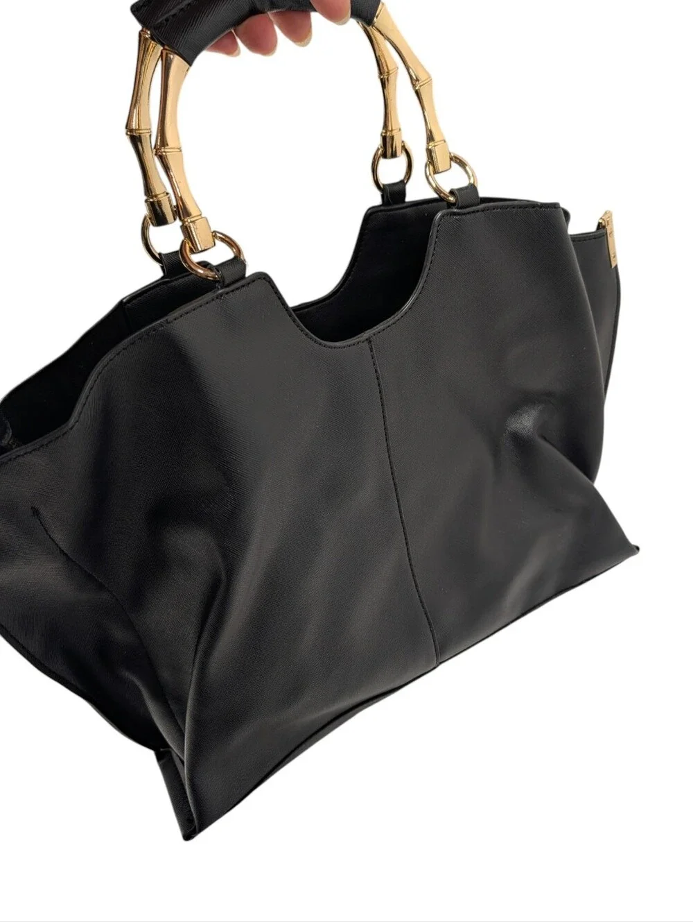 Women's Black Tote Bag Gold Bamboo Handles Structured Shoulder Bag NWOT